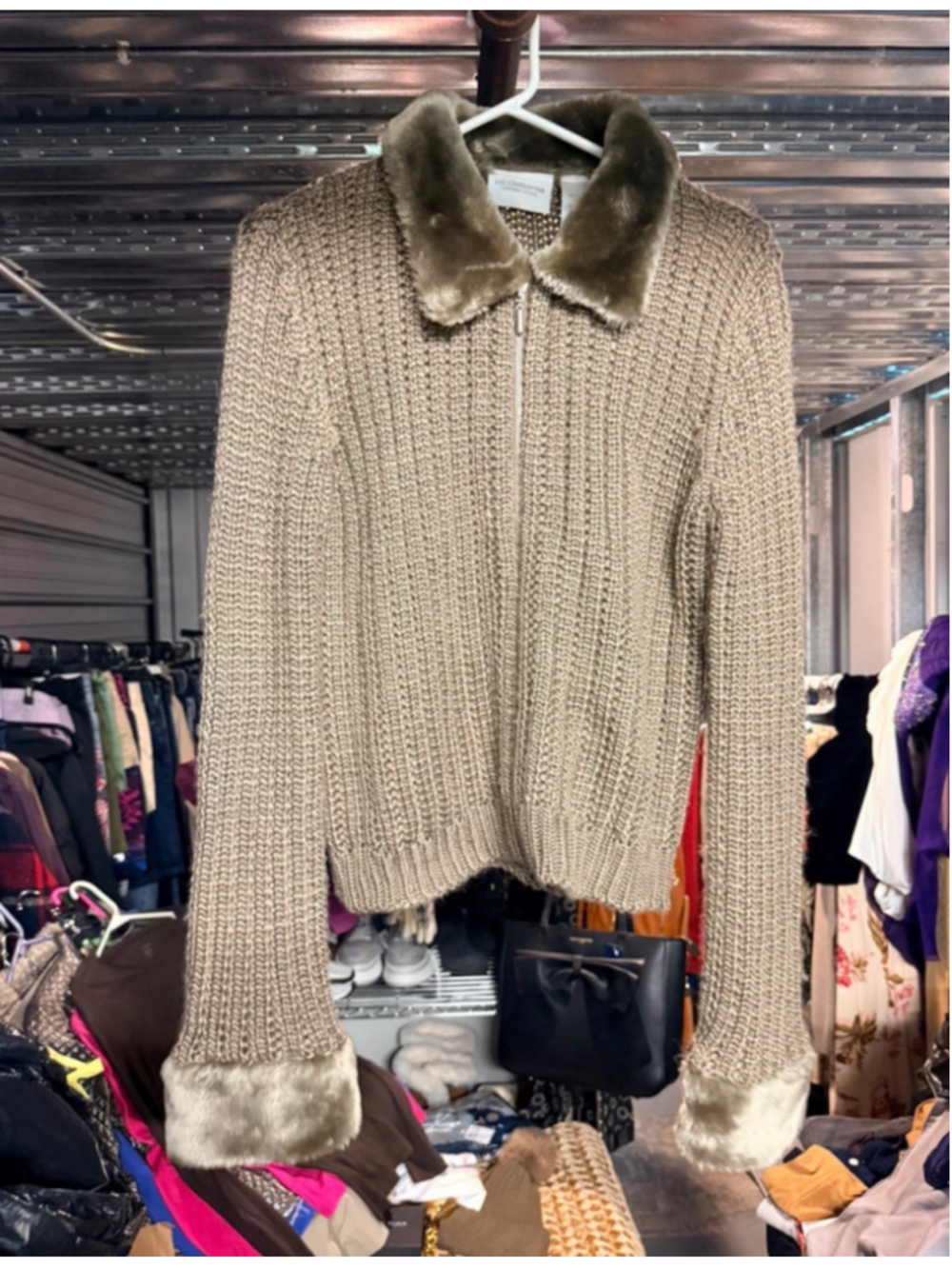 Women's Liz Claiborne Petite S Beige Cardigan with Faux Fur Trim